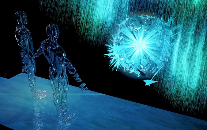 Digital tolkning av artificiell inteligens. Två skulpturer föreställande människor ser mot ett blått sken som påminner om en iskristall och/eller en explosion.